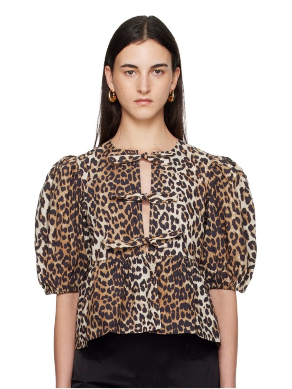 Ganni Leopard Print Puff Sleeve Top M